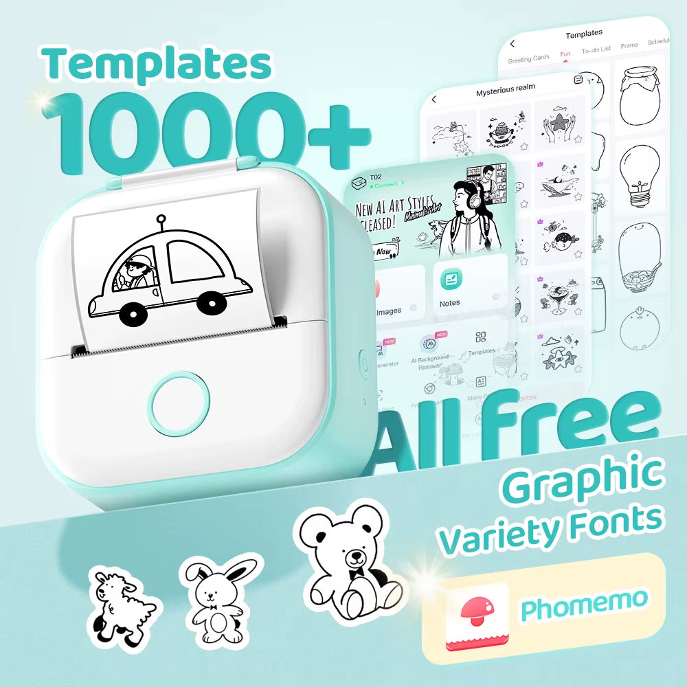 T02 Wireless Mini Thermal Printer - Portable Adhesive Sticker Printer for DIY Projects