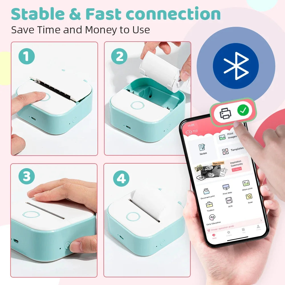T02 Mini Thermal Printer - Portable Bluetooth Pocket Printer for Stickers, Photos, and Notes
