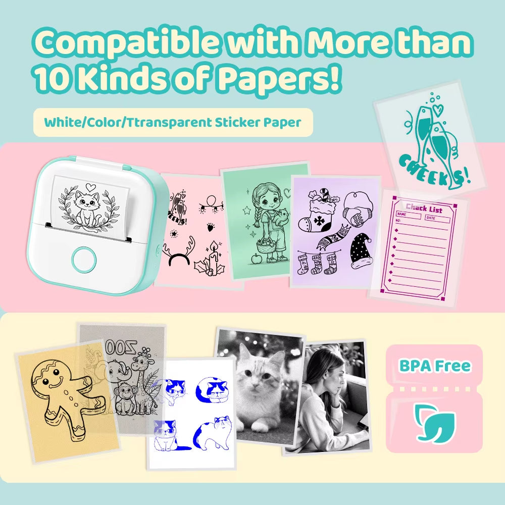 T02 Wireless Mini Thermal Printer - Portable Adhesive Sticker Printer for DIY Projects